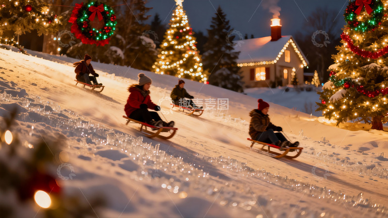 高清大图下载【趣麦麦图】雪地圣诞夜四人滑雪橇