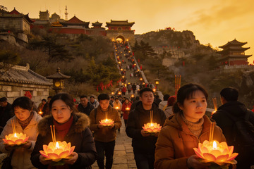 黄昏古塔前手持莲花灯祈福人群