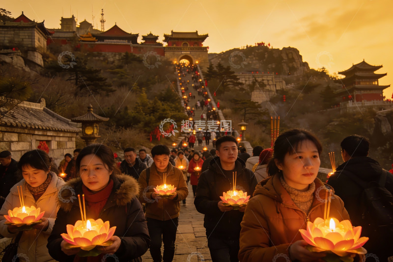 高清大图下载【趣麦麦图】黄昏古塔前手持莲花灯祈福人群