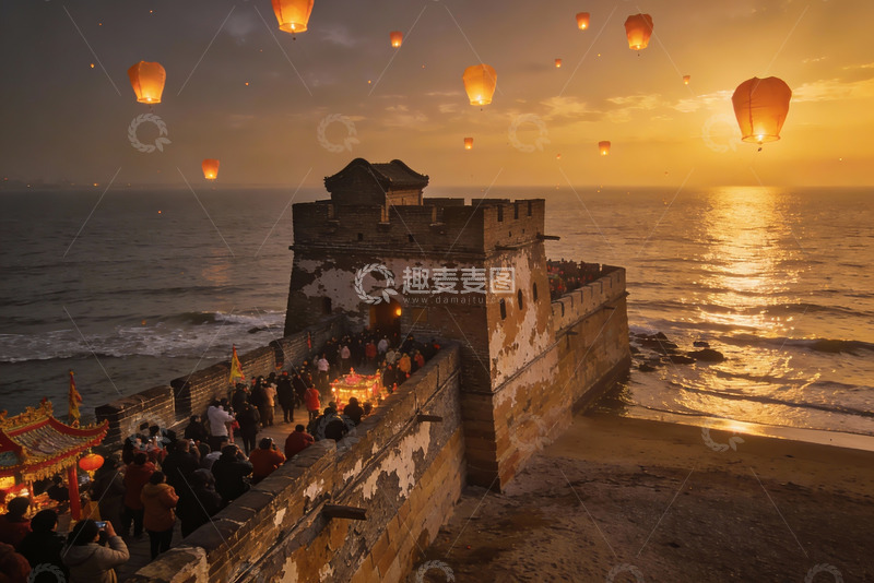 高清大图下载【趣麦麦图】海边长城放飞孔明灯