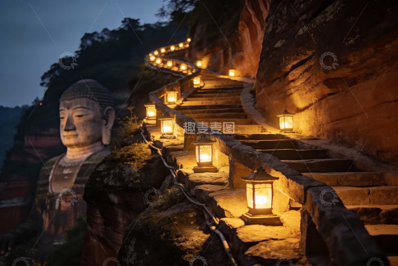 高清大图下载【趣麦麦图】夜色佛像阶梯灯光璀璨