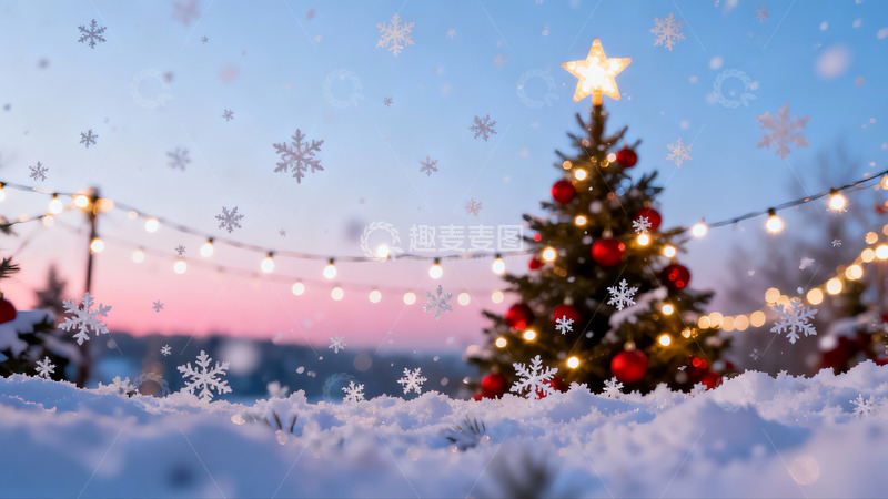 高清大图下载【趣麦麦图】雪夜圣诞树灯光闪烁