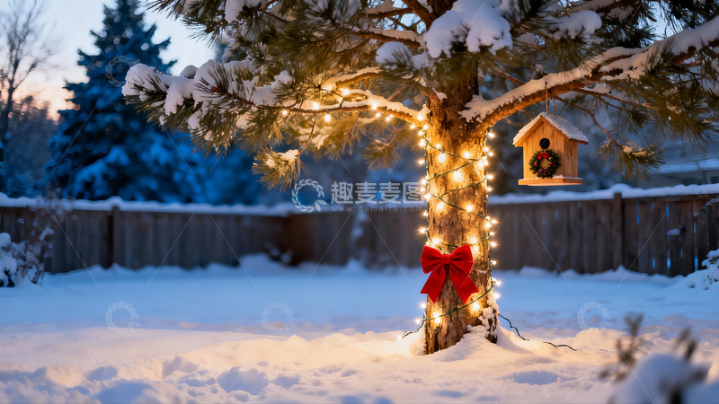 高清大图下载【趣麦麦图】雪夜松树挂彩灯