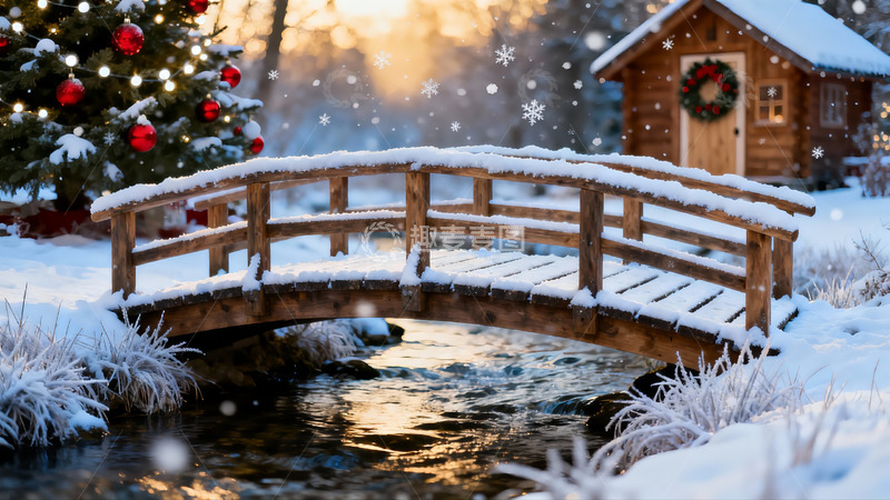 高清大图下载【趣麦麦图】雪景木桥旁的圣诞树