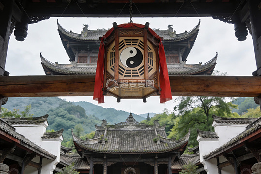 古建筑庭院悬挂太极灯笼