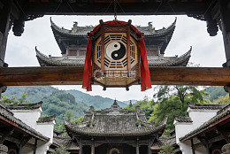 古建筑庭院悬挂太极灯笼