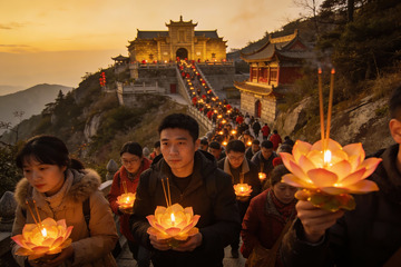 山间寺庙祈福人群手持莲花灯