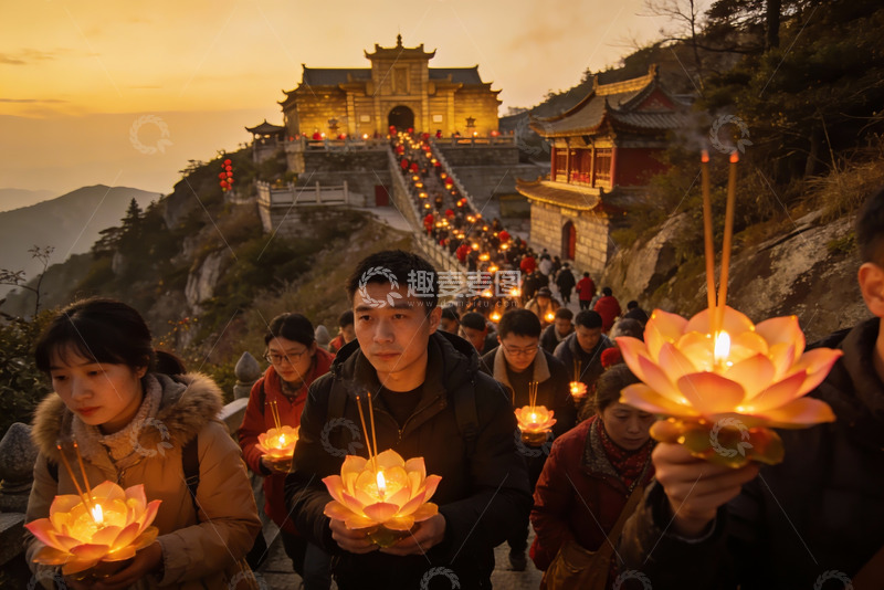 高清大图下载【趣麦麦图】山间寺庙祈福人群手持莲花灯