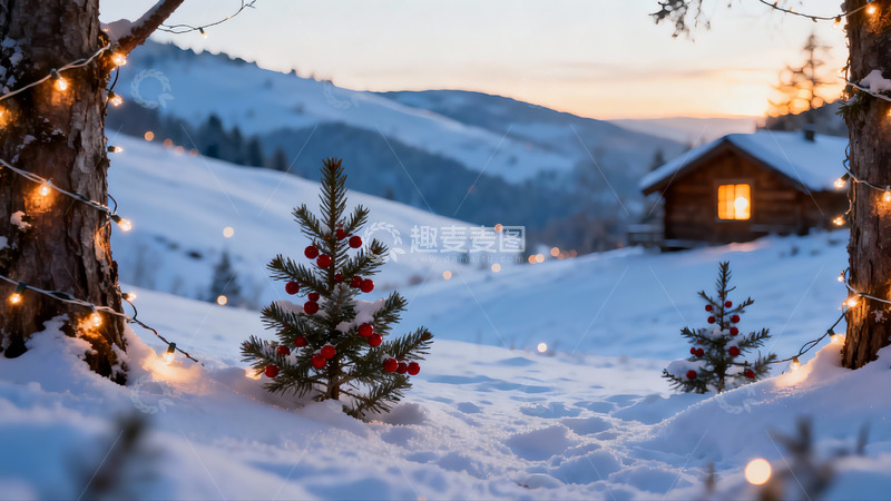 高清大图下载【趣麦麦图】雪地圣诞小屋夜景