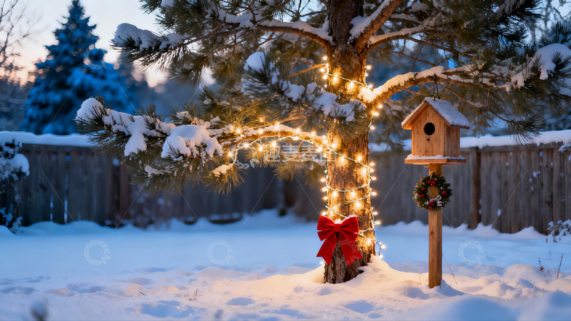 高清大图下载【趣麦麦图】雪夜松树挂彩灯