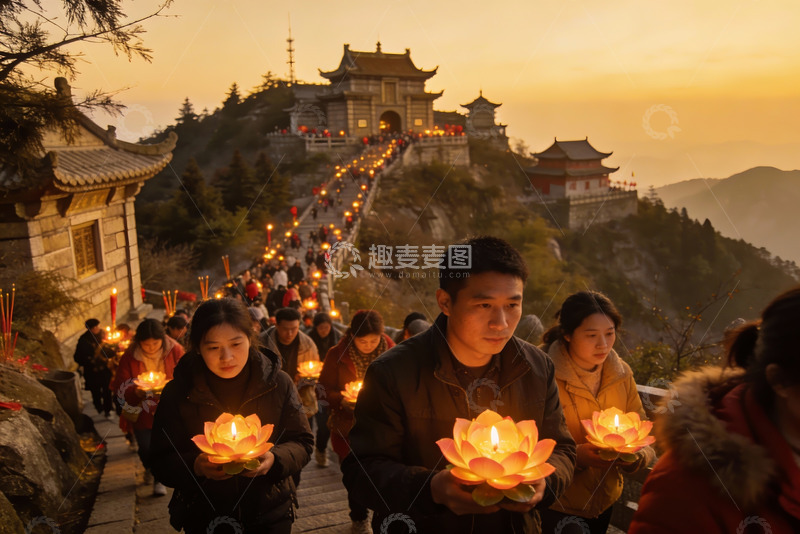 高清大图下载【趣麦麦图】山间寺庙祈福夜景
