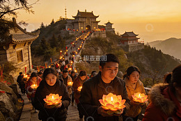 山间寺庙祈福夜景
