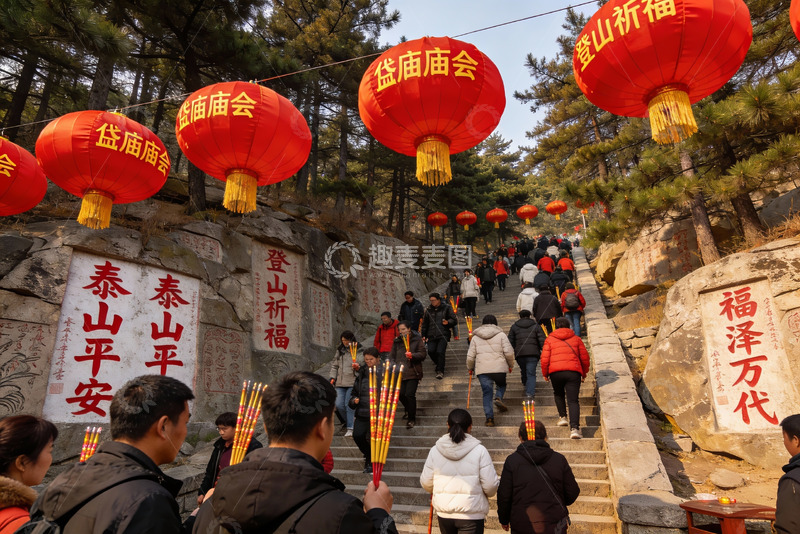 高清大图下载【趣麦麦图】泰山庙会游客登山祈福