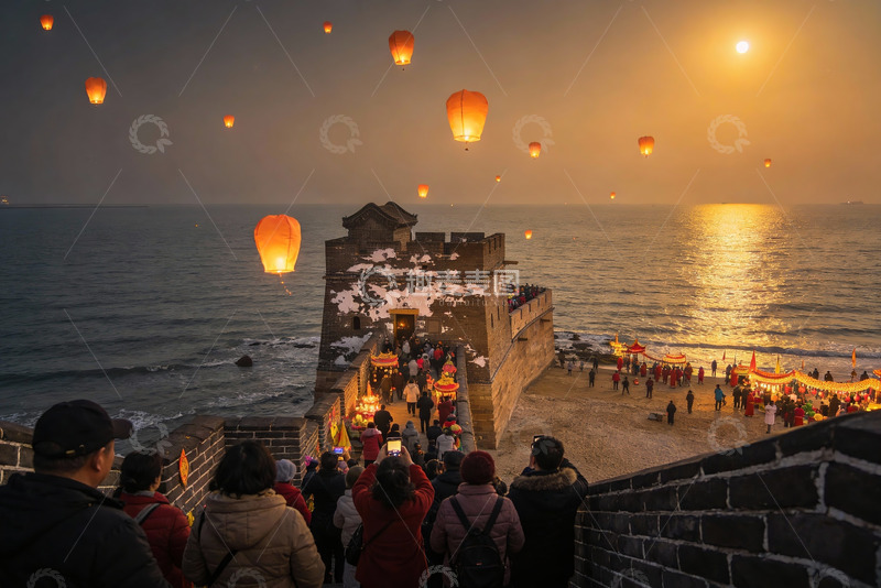 高清大图下载【趣麦麦图】长城夜景放飞孔明灯