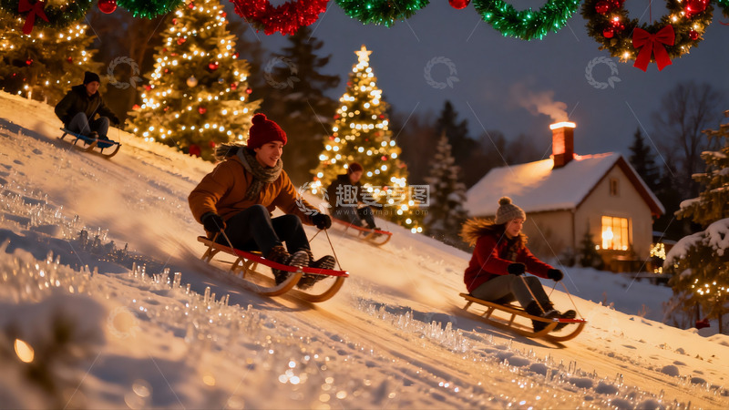 高清大图下载【趣麦麦图】雪地圣诞夜滑雪橇欢乐场景