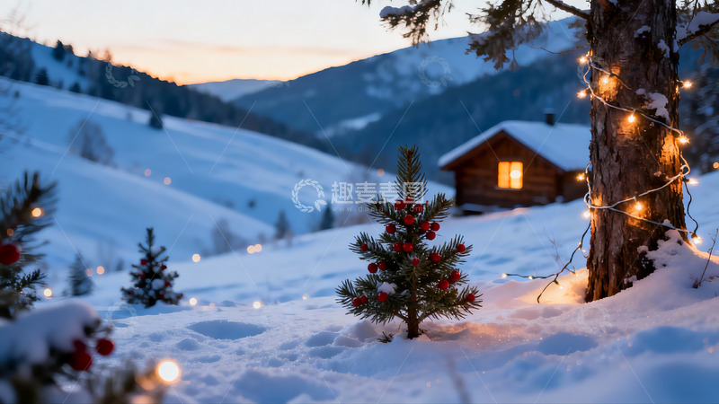 高清大图下载【趣麦麦图】雪夜山林小屋灯光点缀