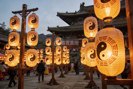 古建筑前灯笼夜景游人如织
