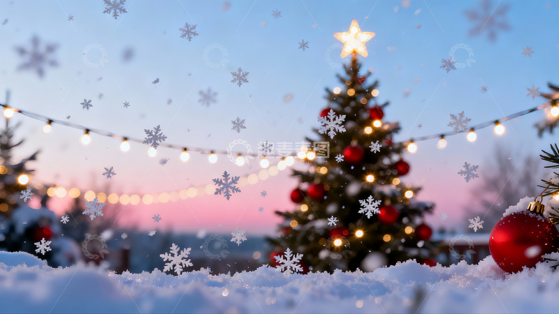 高清大图下载【趣麦麦图】雪夜圣诞树灯光闪烁