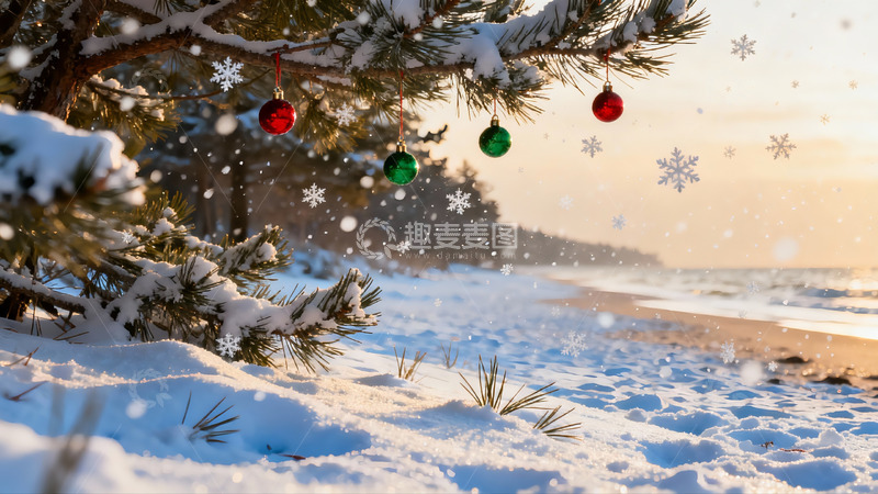 高清大图下载【趣麦麦图】雪地圣诞松枝挂饰