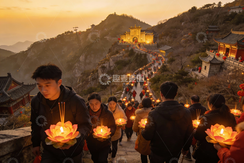 高清大图下载【趣麦麦图】山间寺庙祈福夜景