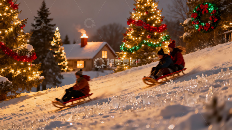 高清大图下载【趣麦麦图】雪地圣诞夜滑橇欢乐场景