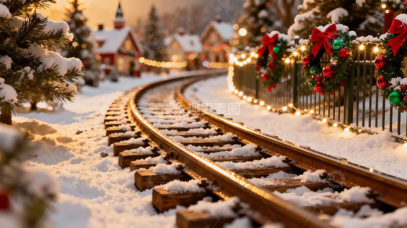 高清大图下载【趣麦麦图】雪中圣诞小火车轨道