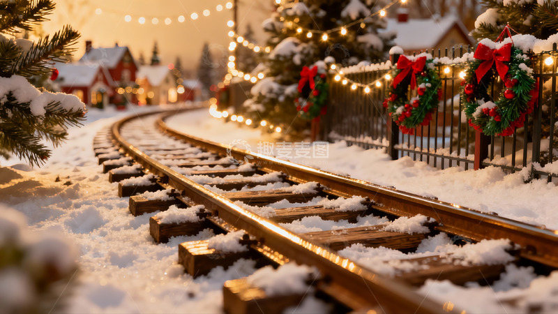 高清大图下载【趣麦麦图】雪夜铁轨旁的圣诞装饰