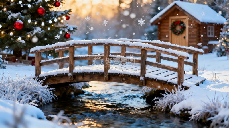 高清大图下载【趣麦麦图】雪景木桥与圣诞树