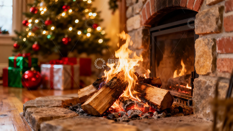 高清大图下载【趣麦麦图】壁炉火焰旁的圣诞树与礼物