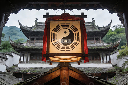 古建筑前悬挂太极灯笼