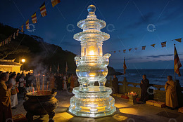 夜晚海边寺庙祈福仪式