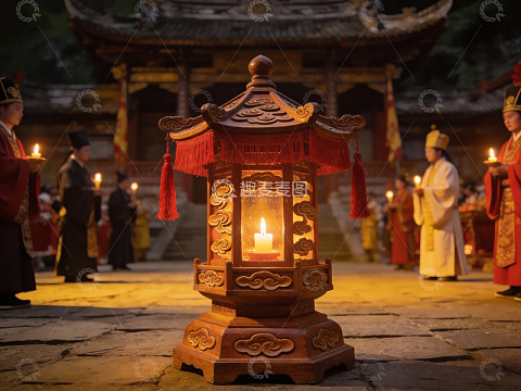 古寺夜祭仪式烛光灯笼
