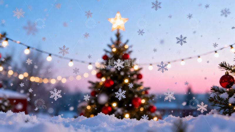 高清大图下载【趣麦麦图】雪夜圣诞树灯光闪烁