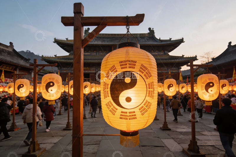 高清大图下载【趣麦麦图】古建筑前灯笼映衬下的热闹街景