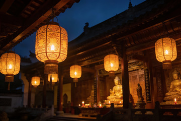 古寺夜景灯笼佛像
