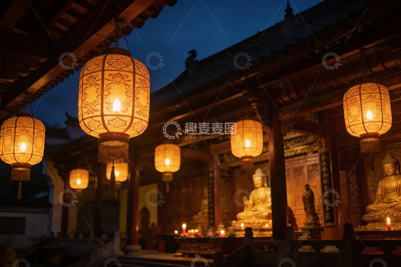 高清大图下载【趣麦麦图】-古寺夜景灯笼佛像