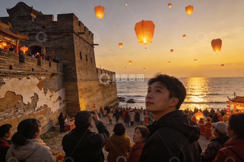 高清大图下载【趣麦麦图】长城放飞孔明灯夜景