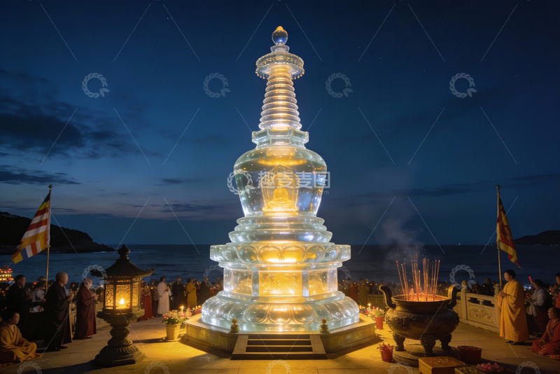 高清大图下载【趣麦麦图】夜晚海边佛塔灯火辉煌