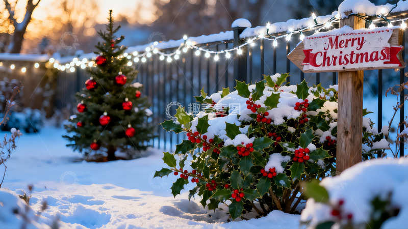 高清大图下载【趣麦麦图】雪地圣诞树与冬青装饰