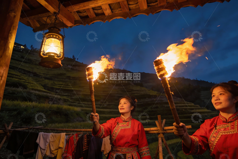 高清大图下载【趣麦麦图】女子手持火把夜景