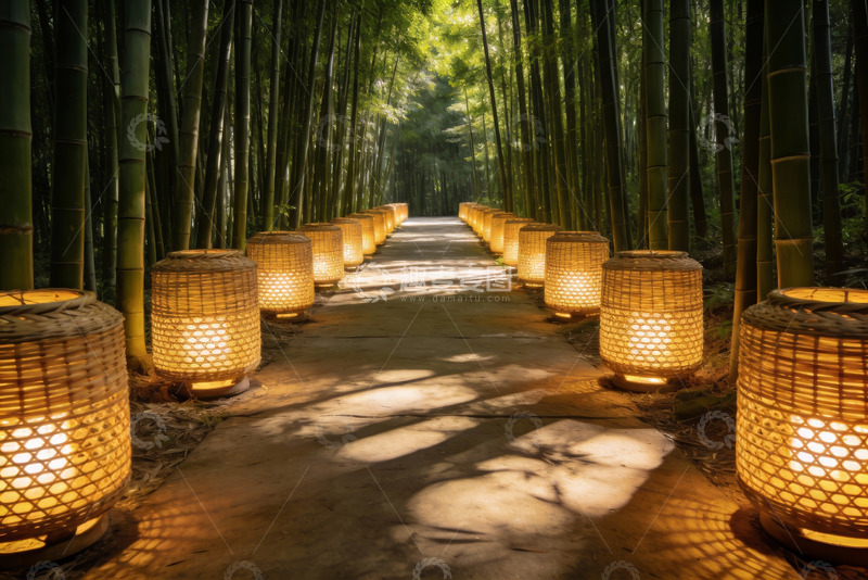 高清大图下载【趣麦麦图】竹林小径灯笼光影
