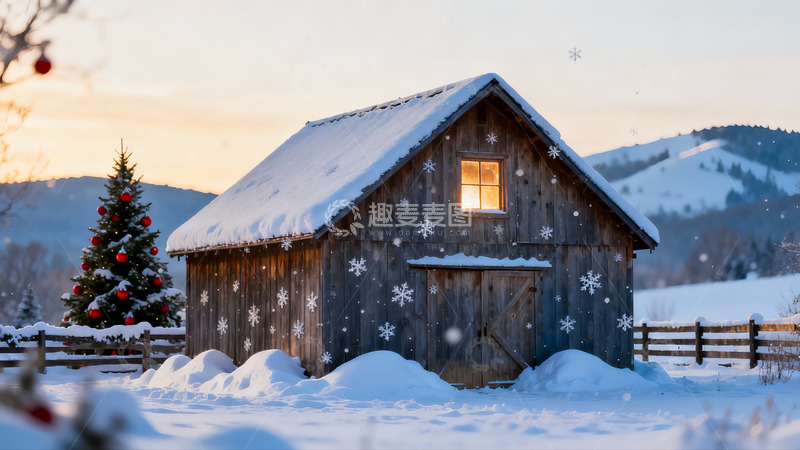 高清大图下载【趣麦麦图】雪夜木屋与圣诞树