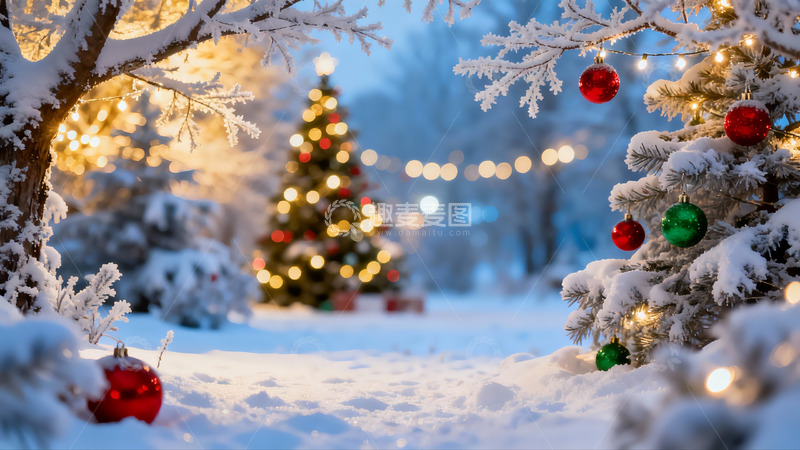 高清大图下载【趣麦麦图】雪夜圣诞树灯光闪烁