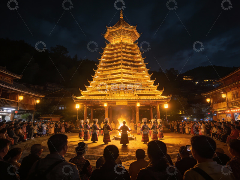 高清大图下载【趣麦麦图】夜幕下灯火辉煌的民族节庆