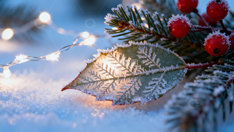 高清大图下载【趣麦麦图】雪中红果绿叶冰霜点缀