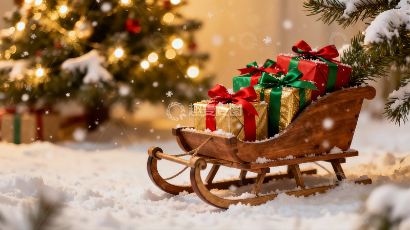 高清大图下载【趣麦麦图】雪地木橇礼物盒圣诞树