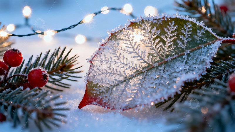 高清大图下载【趣麦麦图】雪中霜冻叶片与松果