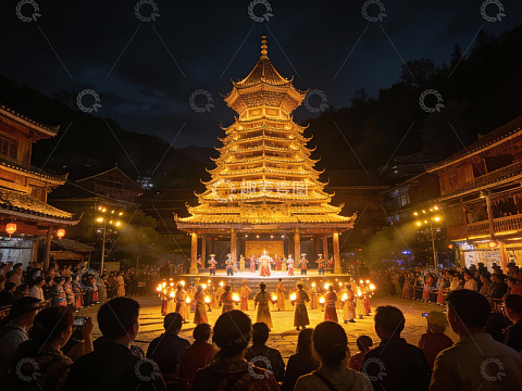 夜幕下古塔前的盛大表演