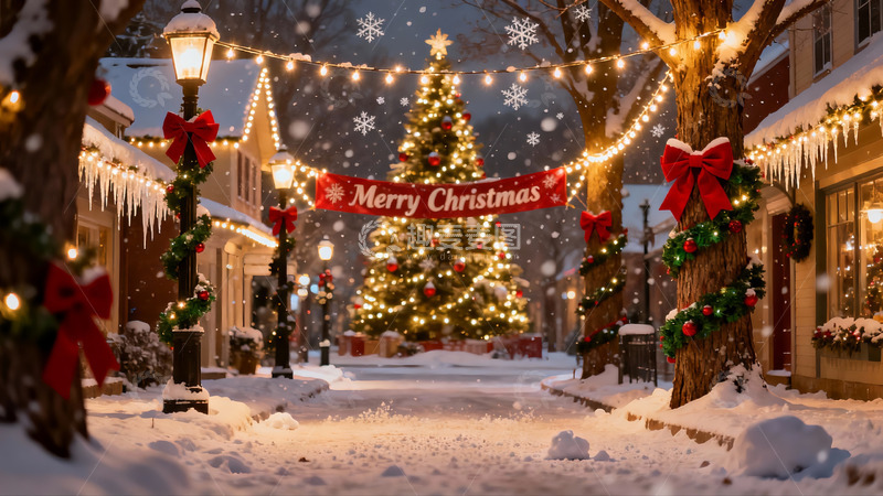 高清大图下载【趣麦麦图】雪夜圣诞街景灯光璀璨