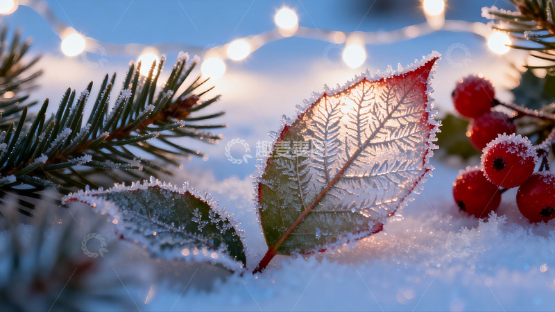 高清大图下载【趣麦麦图】雪中霜冻叶片与红果